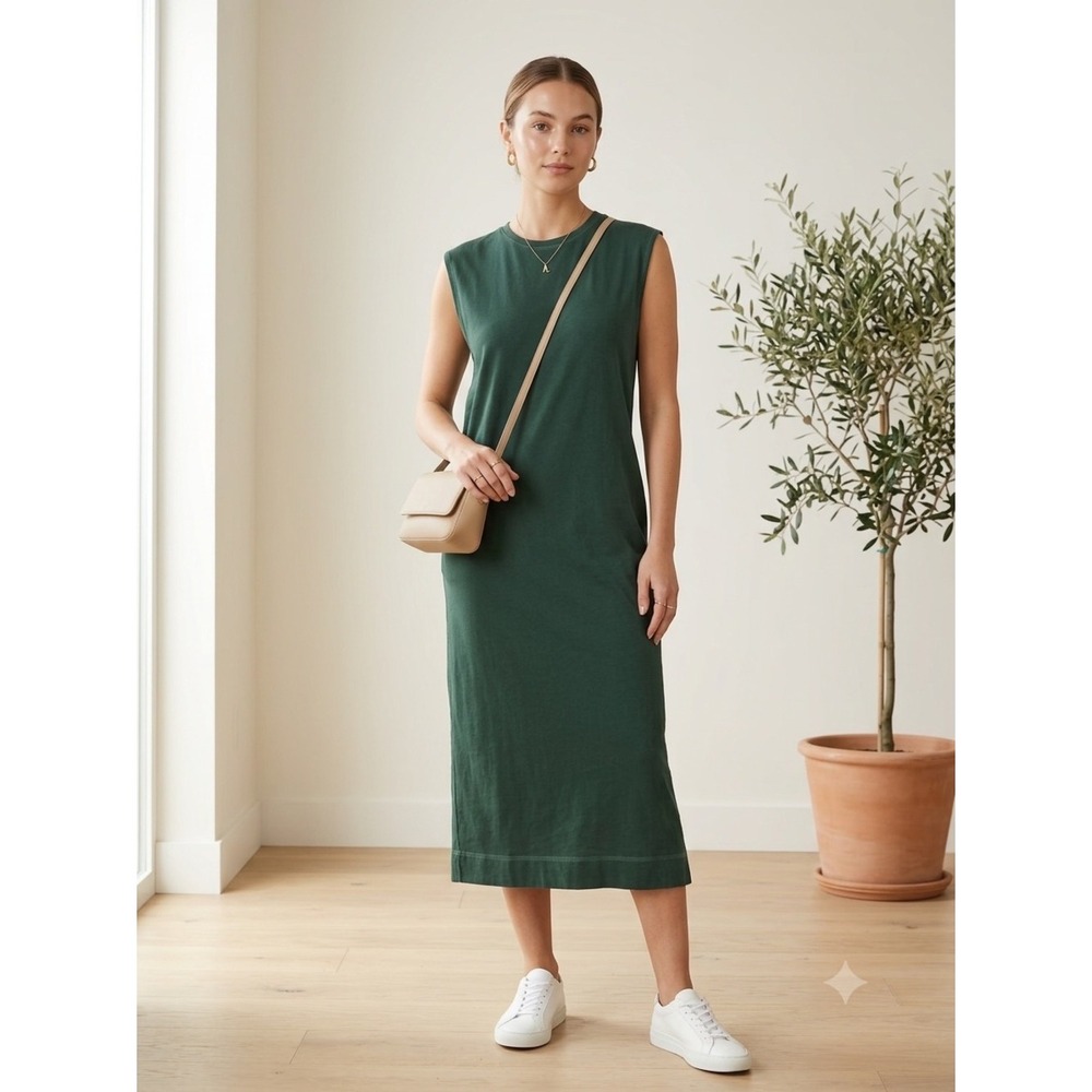 Double Zero Dark Green Cotton Sleeveless Muscle Midi Dress L Clean Girl Neutral
